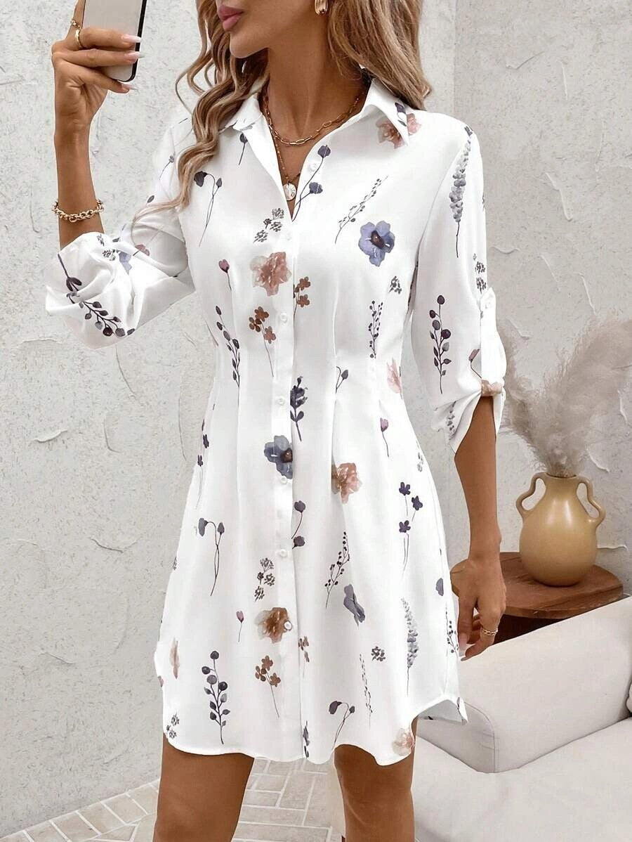 Womens Floral Printed Long Sleeve Lapel Button Dress